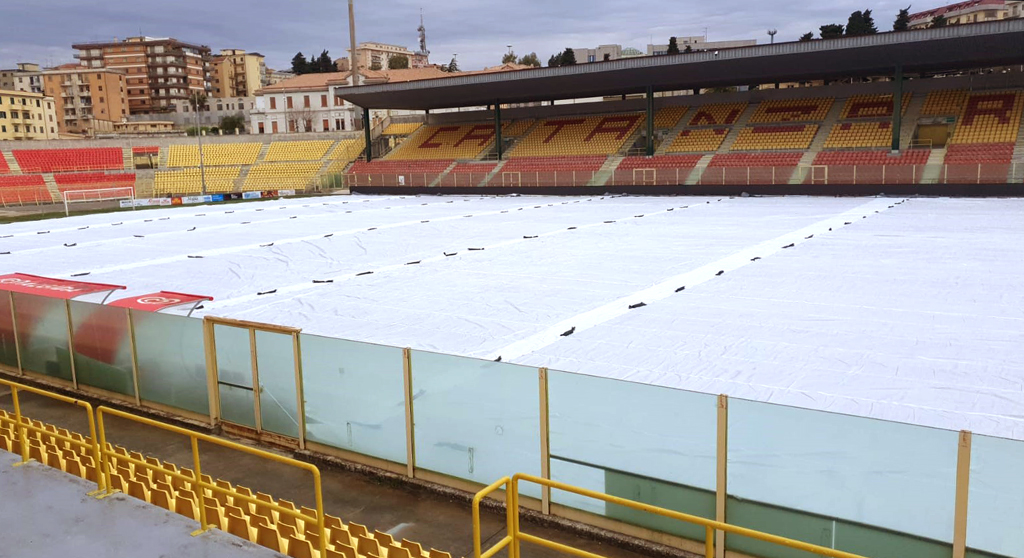 Air Roller football pitch covers fully deployed at Catanzaro.